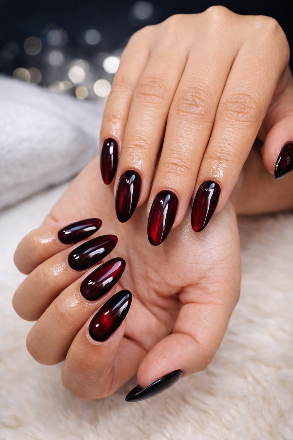 Cat eye gel dark red nails