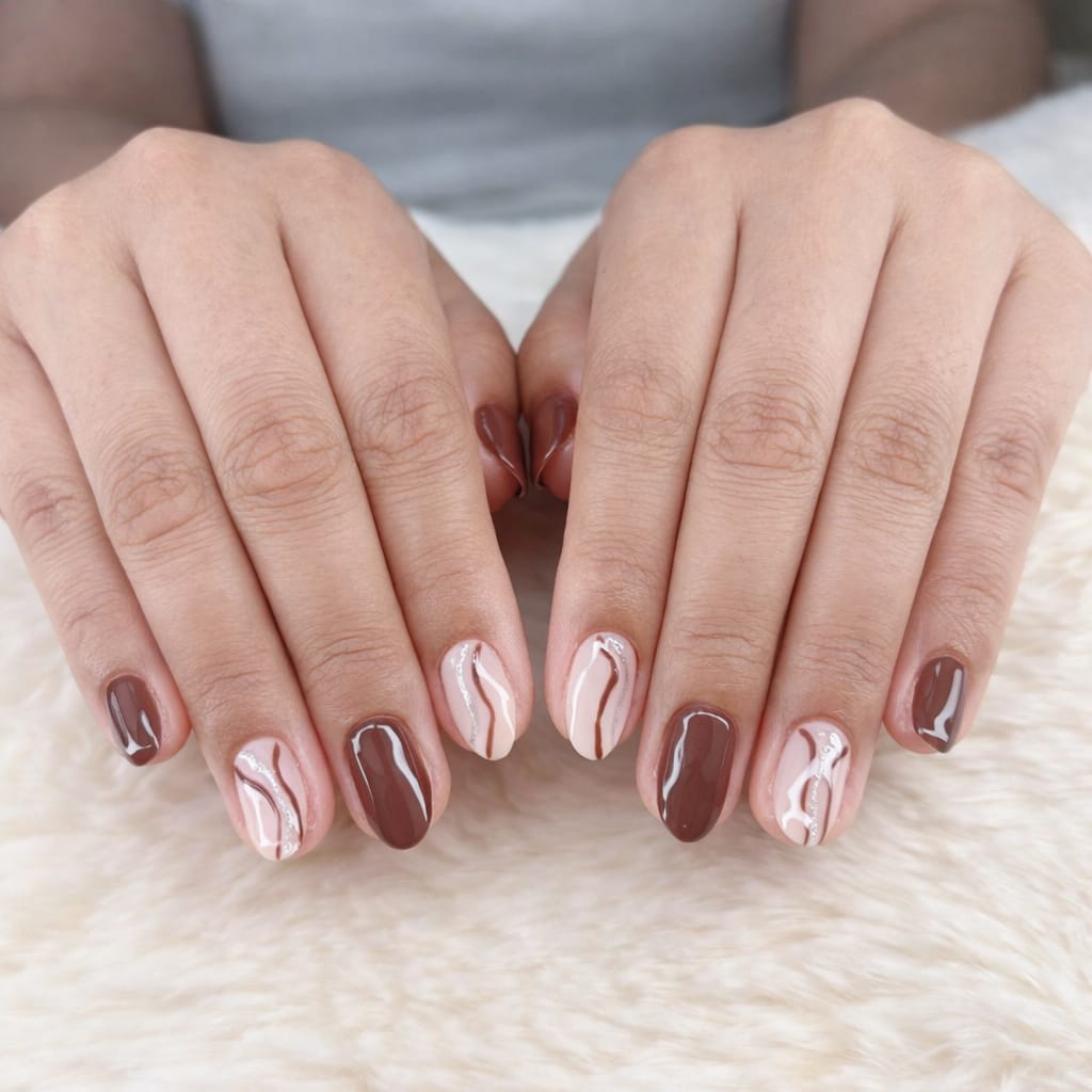Marble art chocolate and nude nails